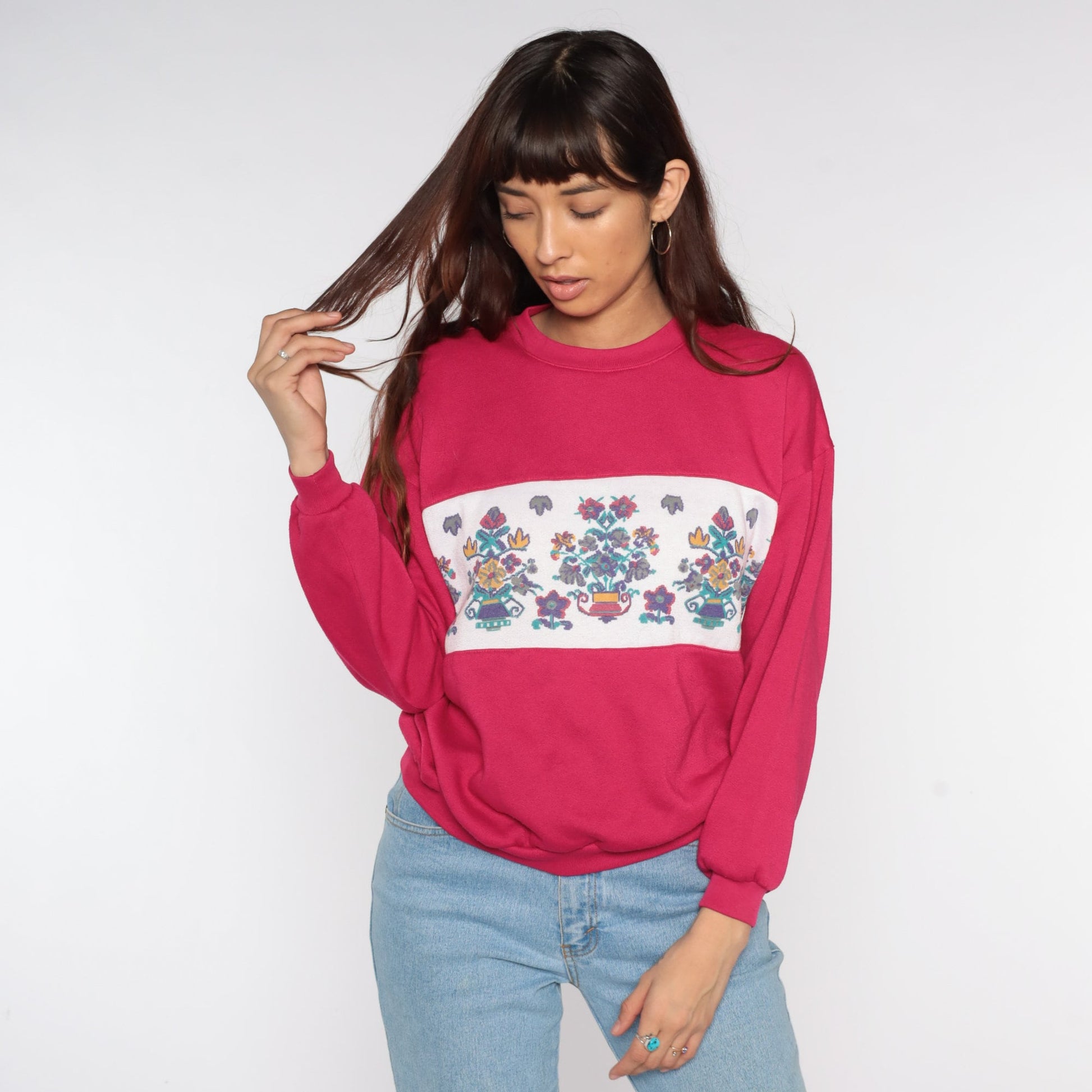 80s Floral Graphic Sweatshirt Deep Pink Crewneck Medium M