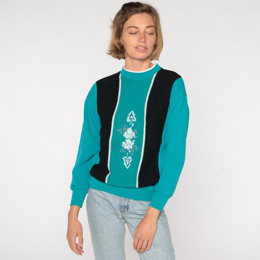 80s Turquoise Floral Embroidered Sweatshirt Cotton Pullover Small