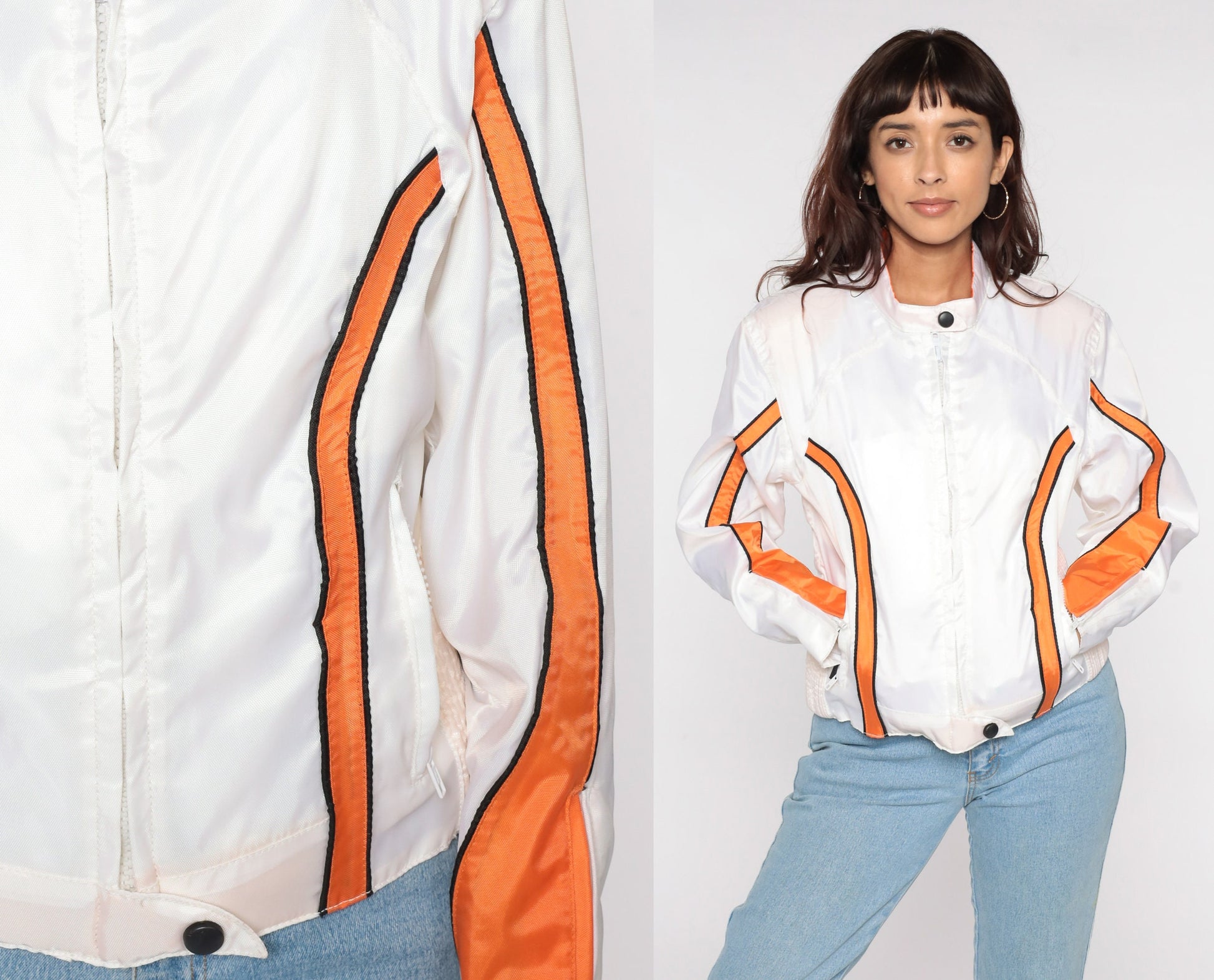 80s White Moto Jacket Orange Stripes Cafe Racer Windbreaker Medium