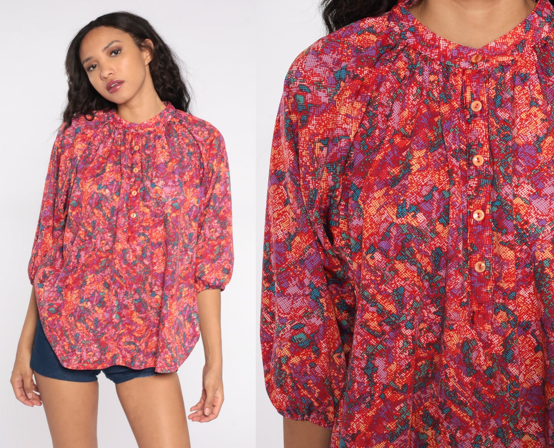 70s Psychedelic Abstract Button-Up Blouse Long Sleeve Tunic Shirt Medium Large