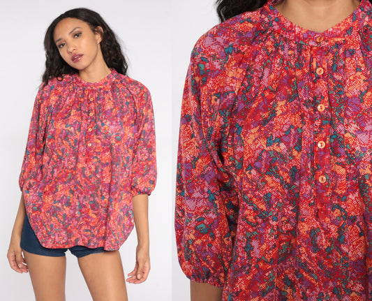 70s Psychedelic Abstract Button-Up Blouse Long Sleeve Tunic Shirt Medium Large