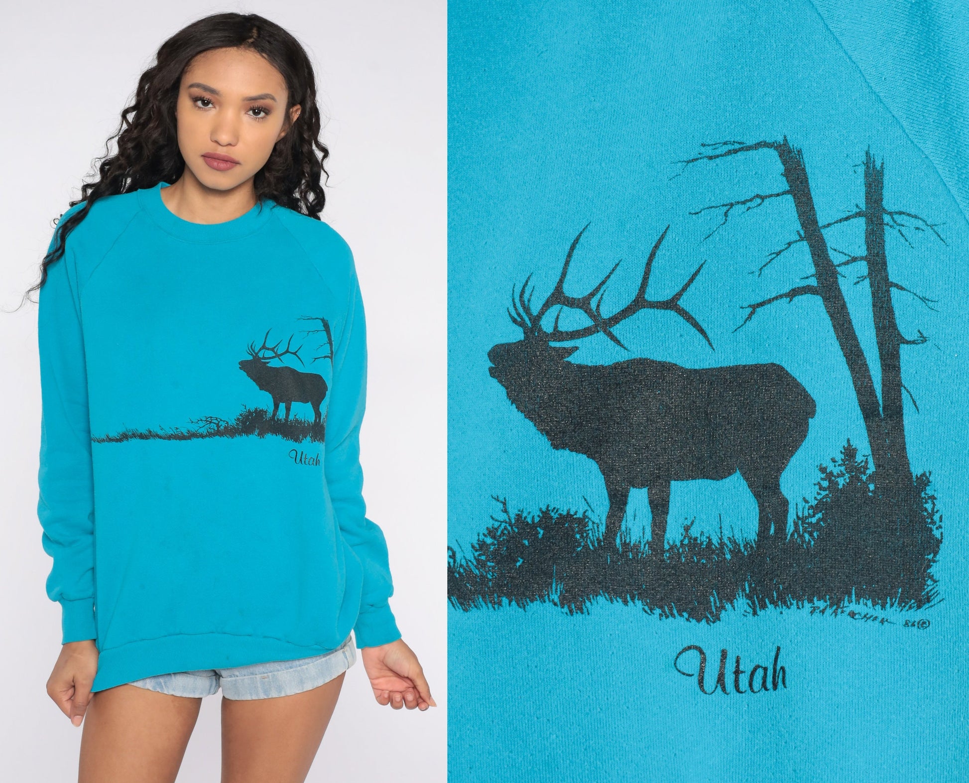 80s Utah Elk Graphic Raglan Sweatshirt Blue Jerzees Medium Large