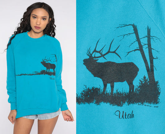 80s Utah Elk Graphic Raglan Sweatshirt Blue Jerzees Medium Large