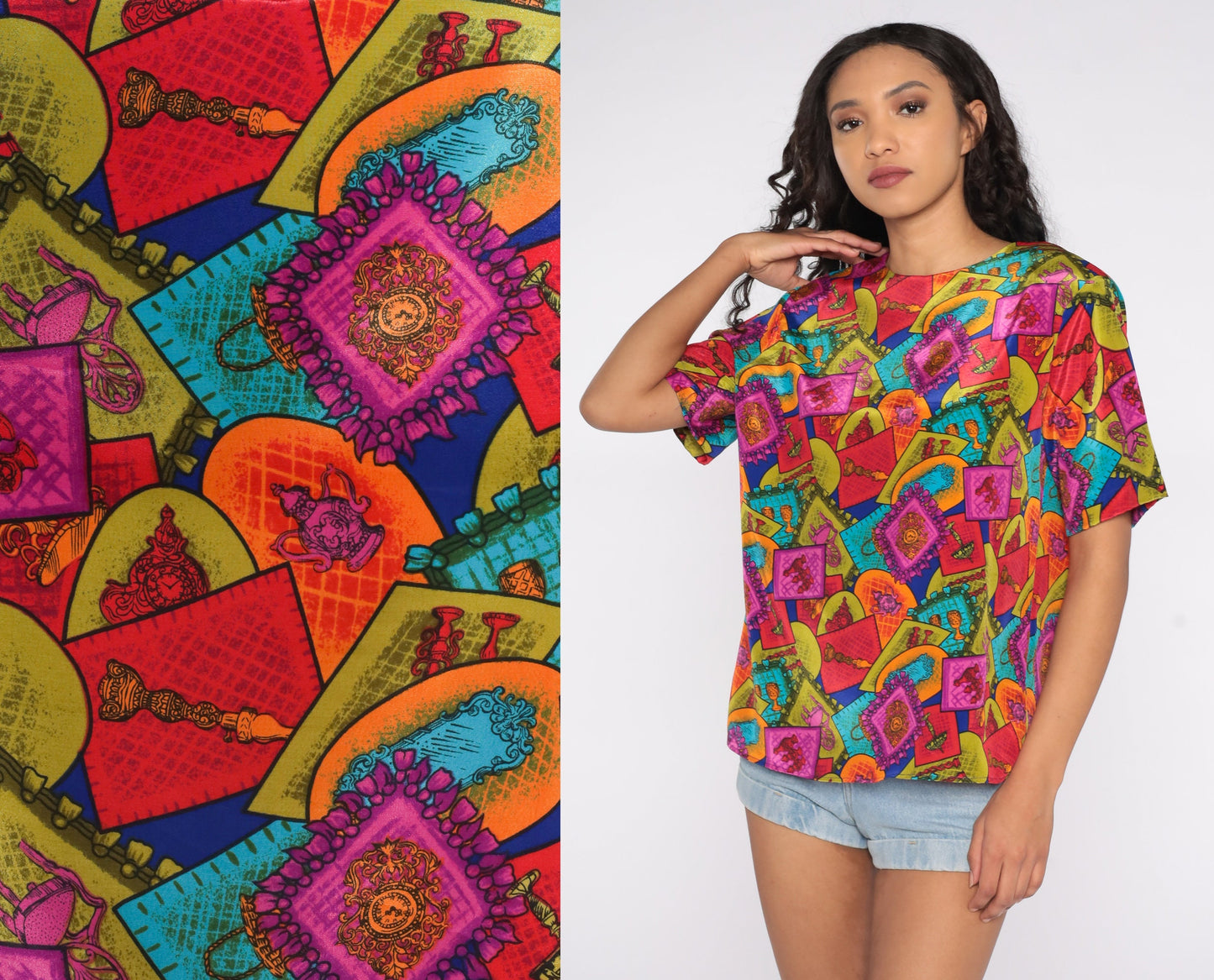 80s Geometric Furniture Print Blouse Cap Sleeve Multicolor Statement Top Large L
