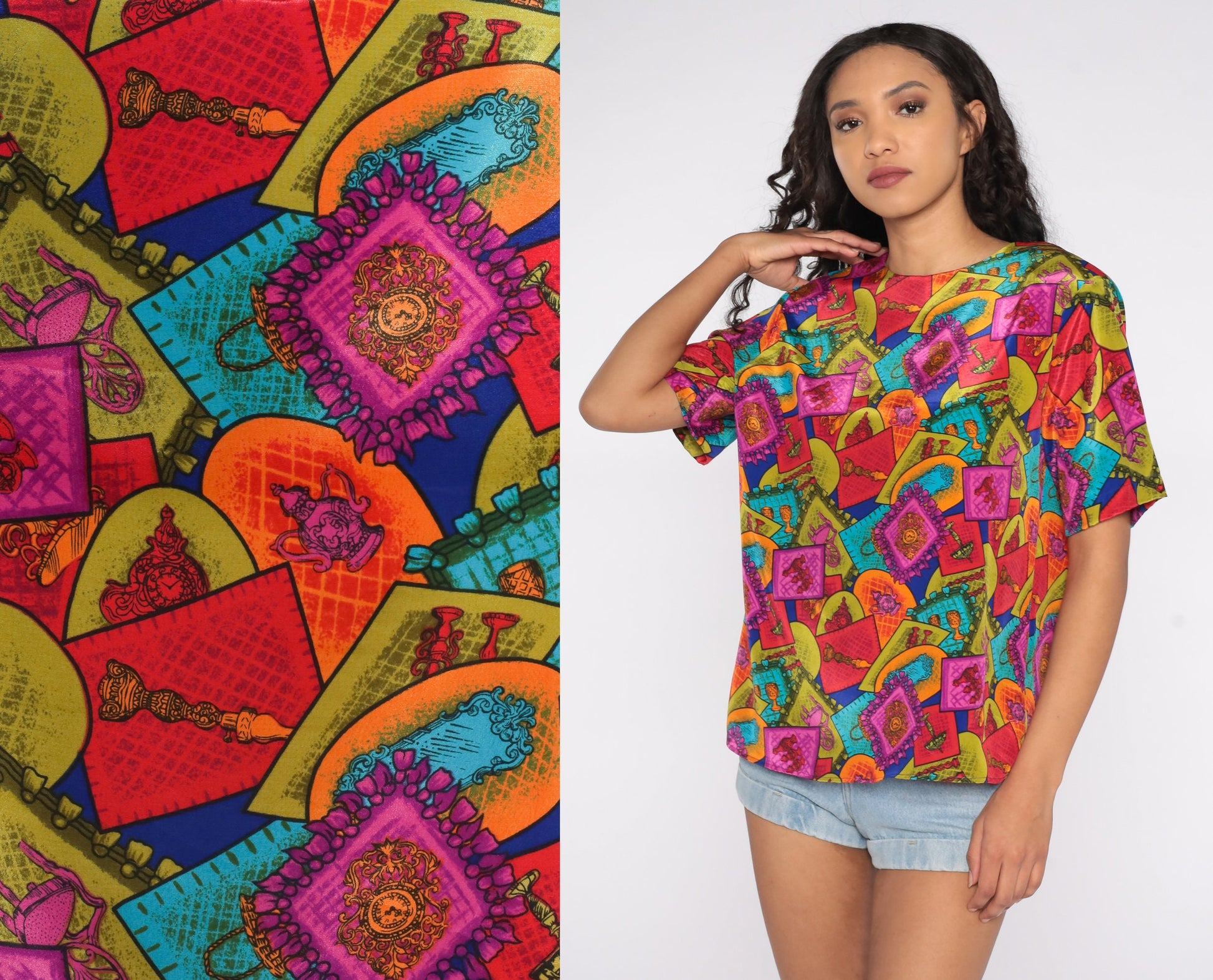 80s Geometric Furniture Print Blouse Cap Sleeve Multicolor Statement Top Large L