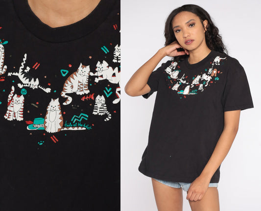 90s Cat T Shirt Tails of the West Kitten Graphic Tee Black Large L