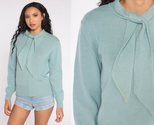 80s Seafoam Blue Ascot Sweater Knit Pullover Large L