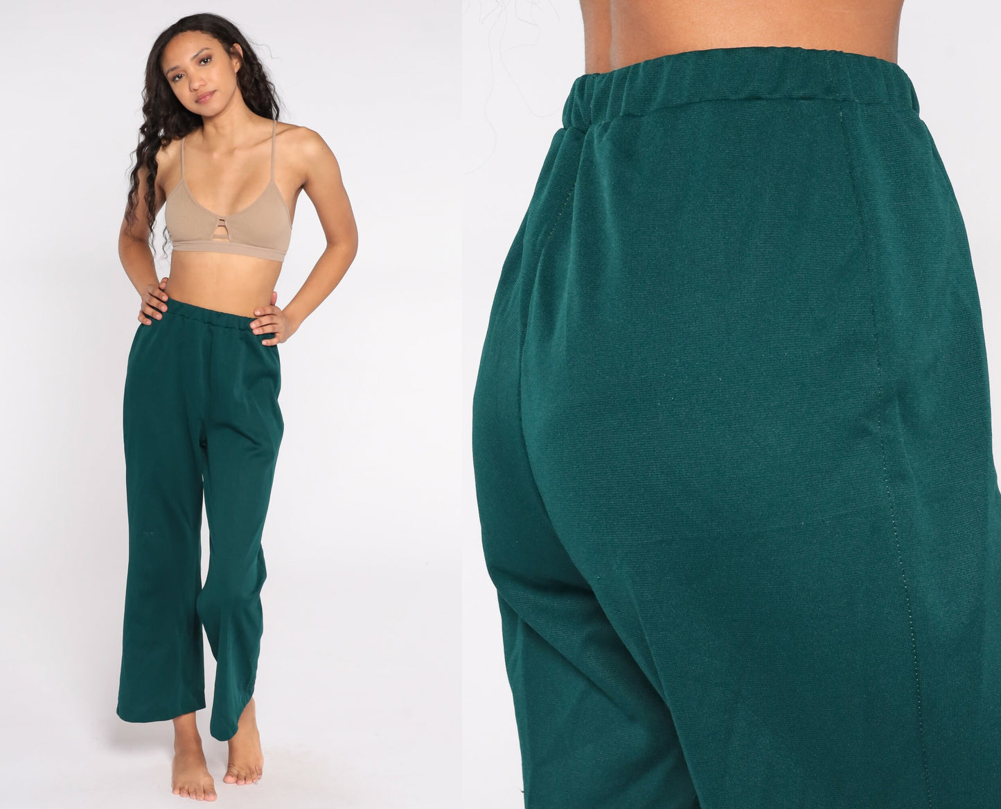 70s Green Bell Bottom Trousers High Waist Flared Polyester Small Medium