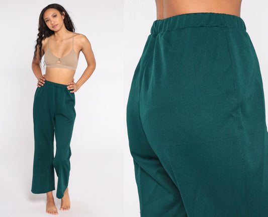 70s Green Bell Bottom Trousers High Waist Flared Polyester Small Medium