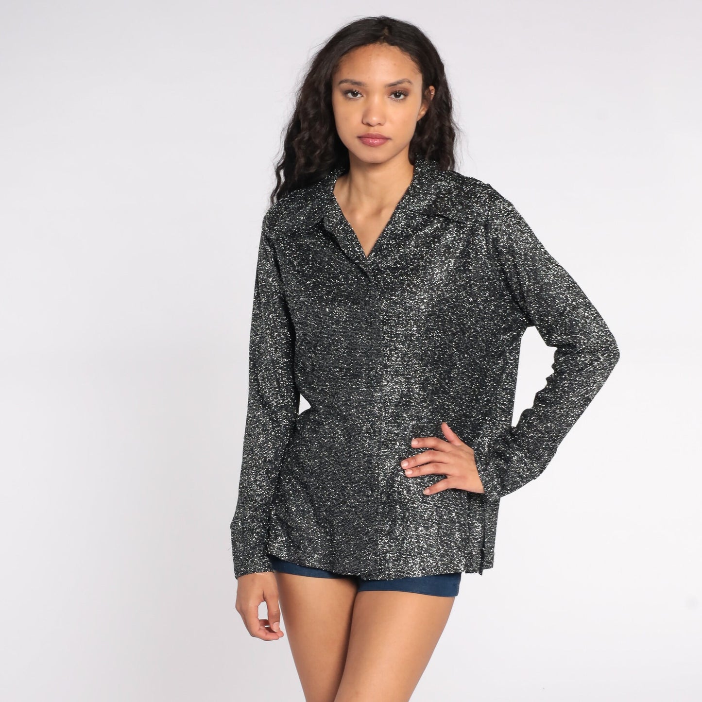 70s Silver Metallic Button-Up Blouse Long Sleeve Disco Shirt Large L