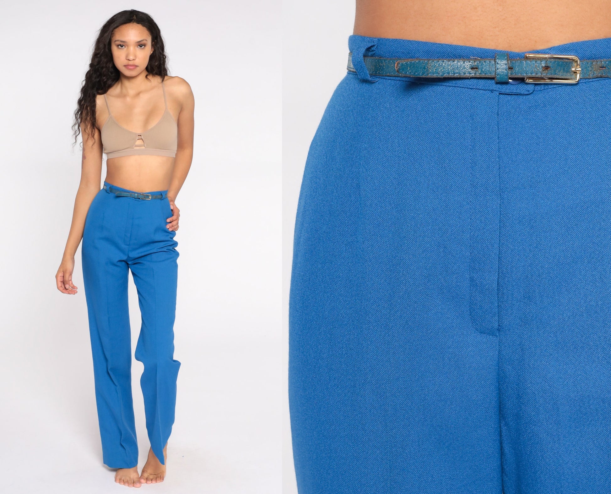 70s Blue High-Rise Straight Leg Trousers Small Tall