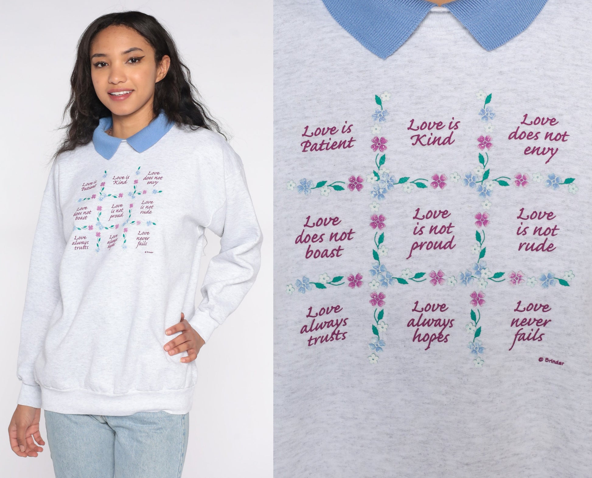 00s Love Is Kind Bible Verse Sweatshirt Grey Collared Graphic Large L