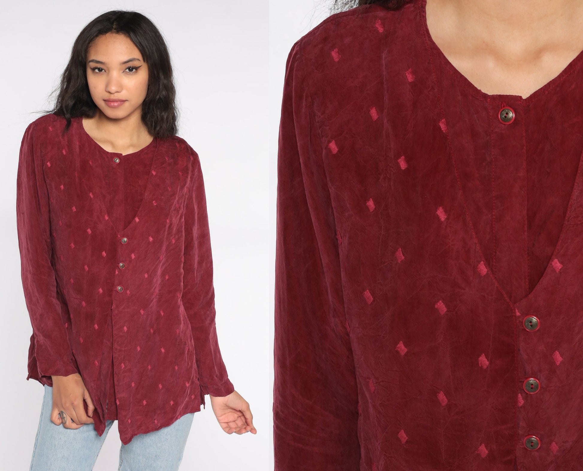 90s Burgundy Button Up Blouse with Attached Vest Rayon Medium