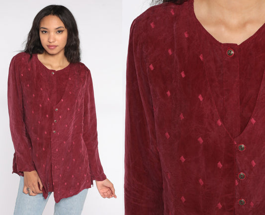 90s Burgundy Button Up Blouse with Attached Vest Rayon Medium