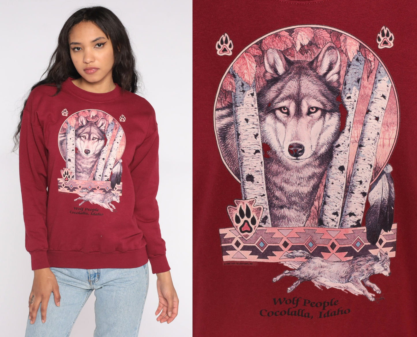 90s Wolf People Cocolalla Idaho Graphic Sweatshirt Burgundy Small