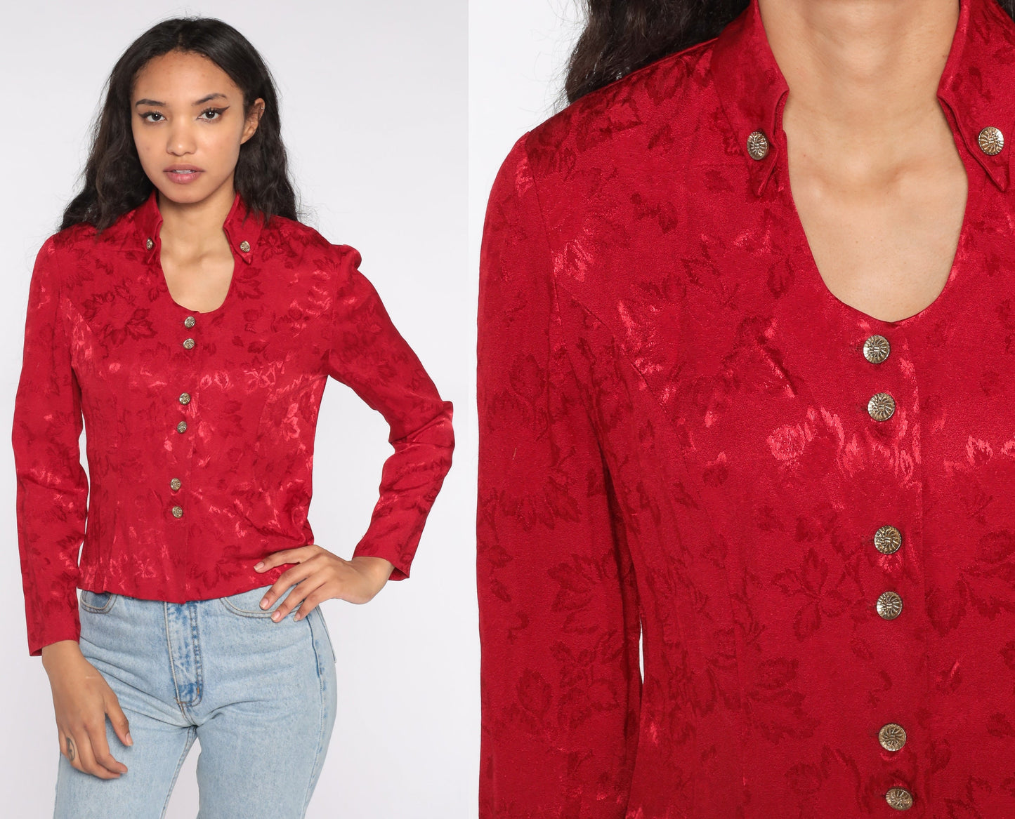 90s Red Leaf Embossed Button-Up Blouse Long Sleeve Medium M