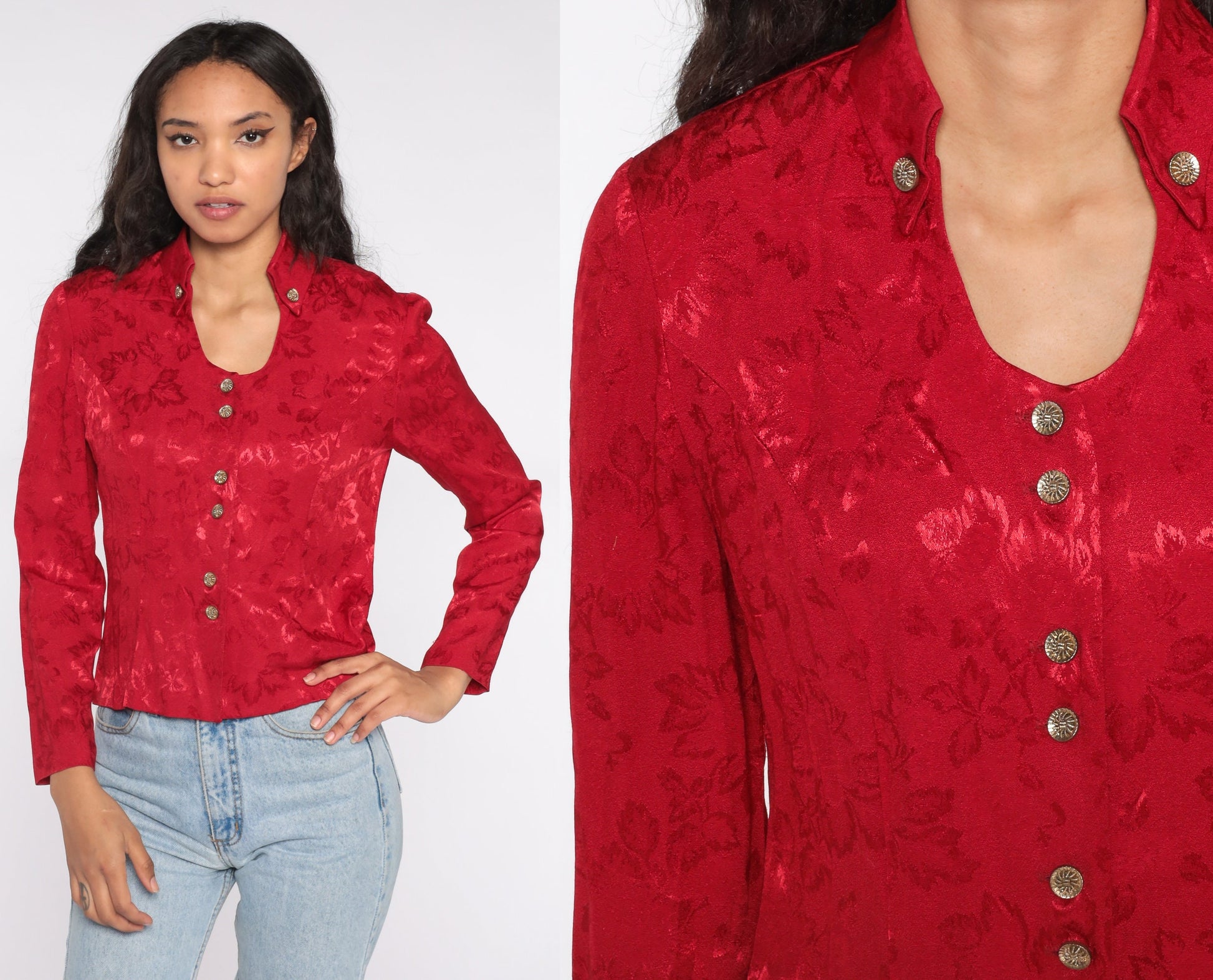 90s Red Leaf Embossed Button-Up Blouse Long Sleeve Medium M