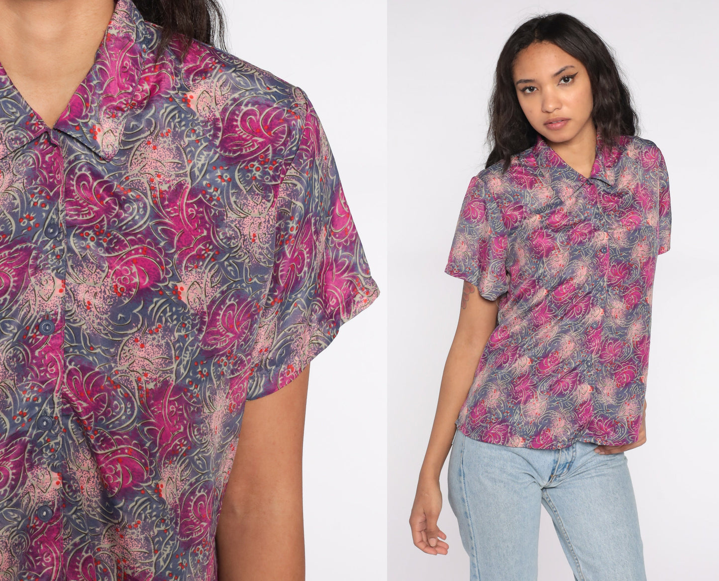 80s Abstract Print Button Up Shirt Purple Pink Psychedelic Short Sleeve Large