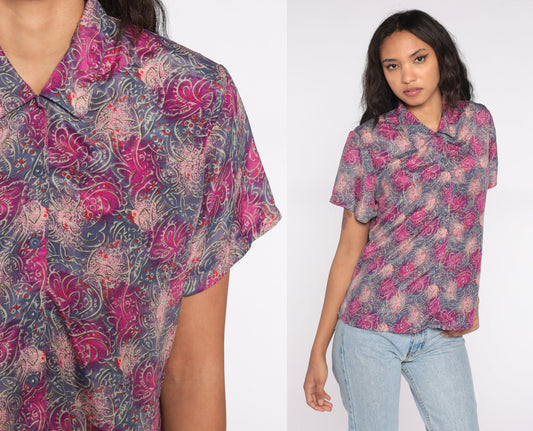80s Abstract Print Button Up Shirt Purple Pink Psychedelic Short Sleeve Large