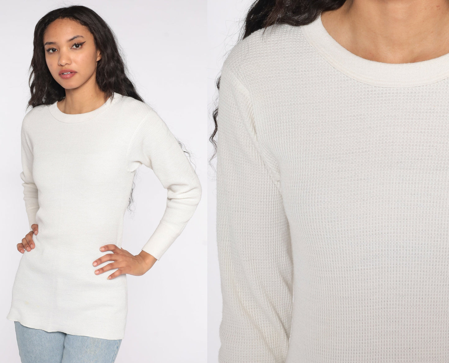 80s White Waffle Knit Thermal Long Sleeve Undershirt Medium
