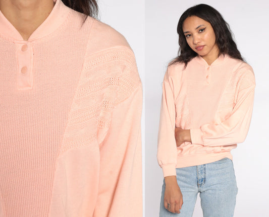 80s Peach Henley Sweatshirt Button Neck Long Sleeve Knit Small S