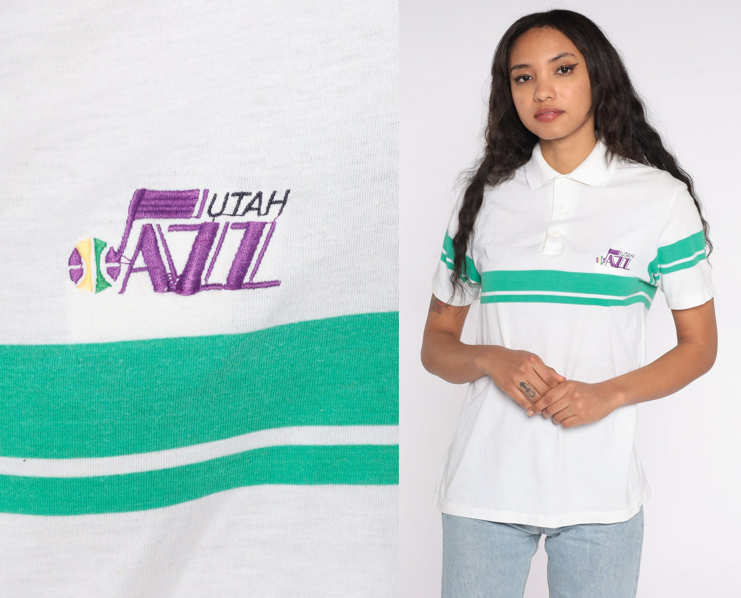 80s Utah Jazz NBA Polo Shirt White Green Striped Half Button Medium