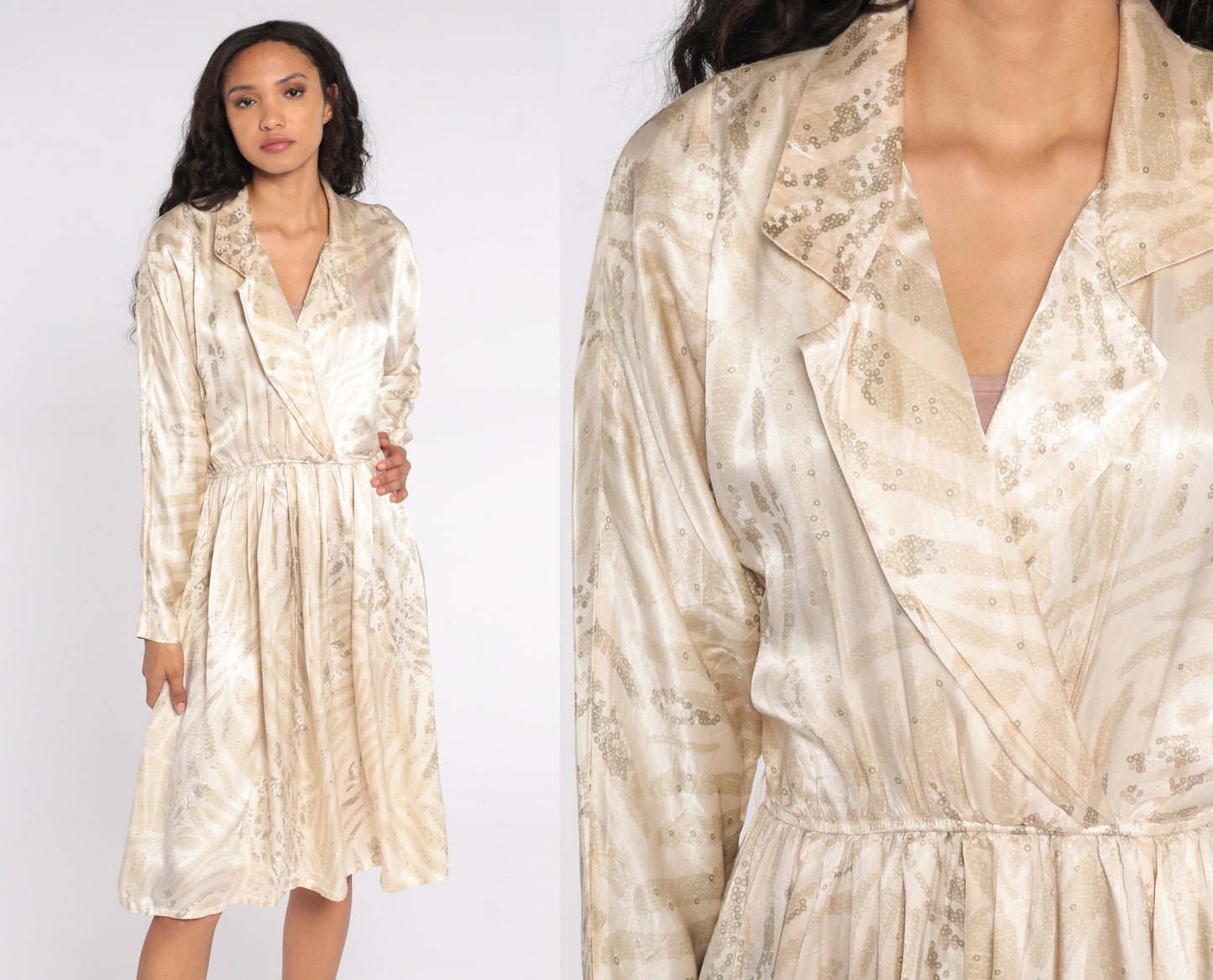 80s Leslie Fay Wrap Dress Geometric Print Midi Dolman Sleeve Deep V Small