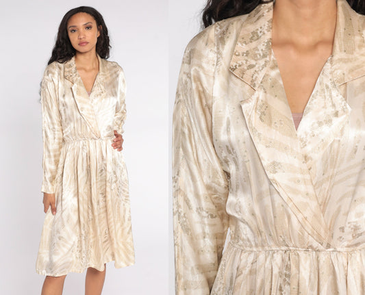 80s Leslie Fay Wrap Dress Geometric Print Midi Dolman Sleeve Deep V Small