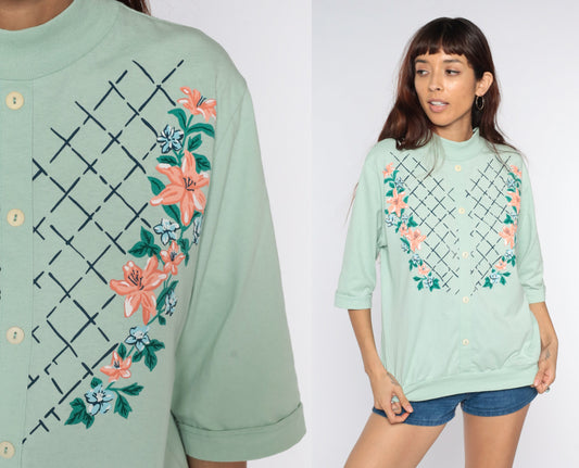 80s Floral Mint Green Shirt 3/4 Sleeve Loose Fit Blouse Large L