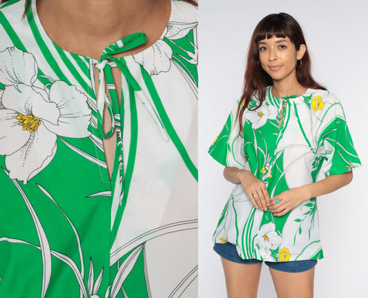 70s Floral Keyhole Blouse Green White Neck Tie Shirt Medium