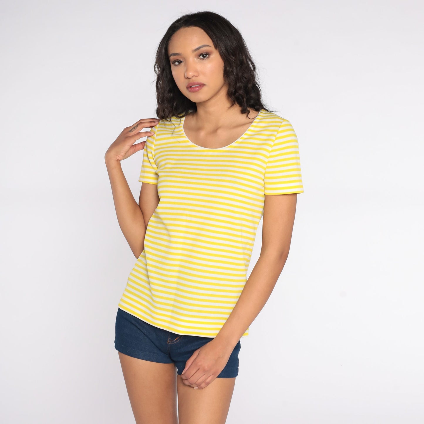 70s Yellow White Striped Scoop Neck T-Shirt Short Sleeve Vintage Tee Small