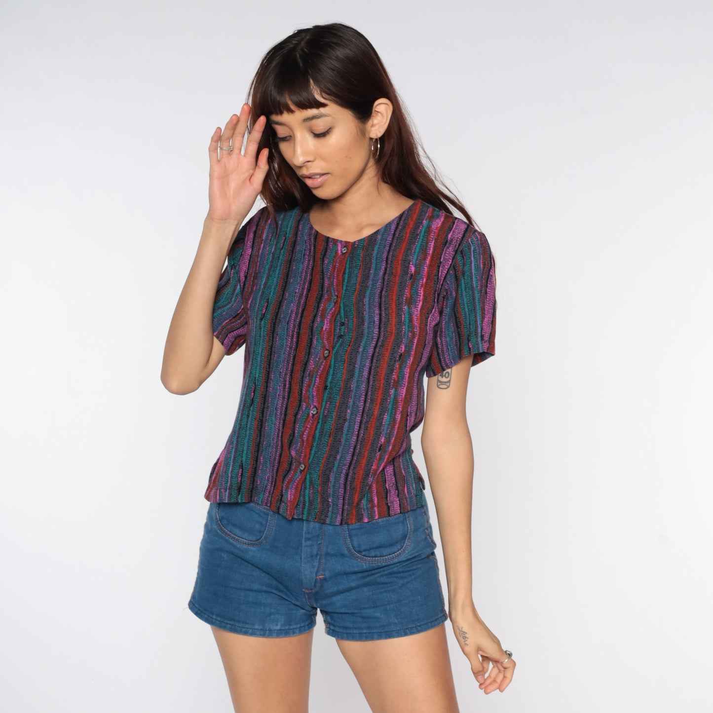 90s Striped Button-Up Shirt Purple Teal Green Pink Short Sleeve Small