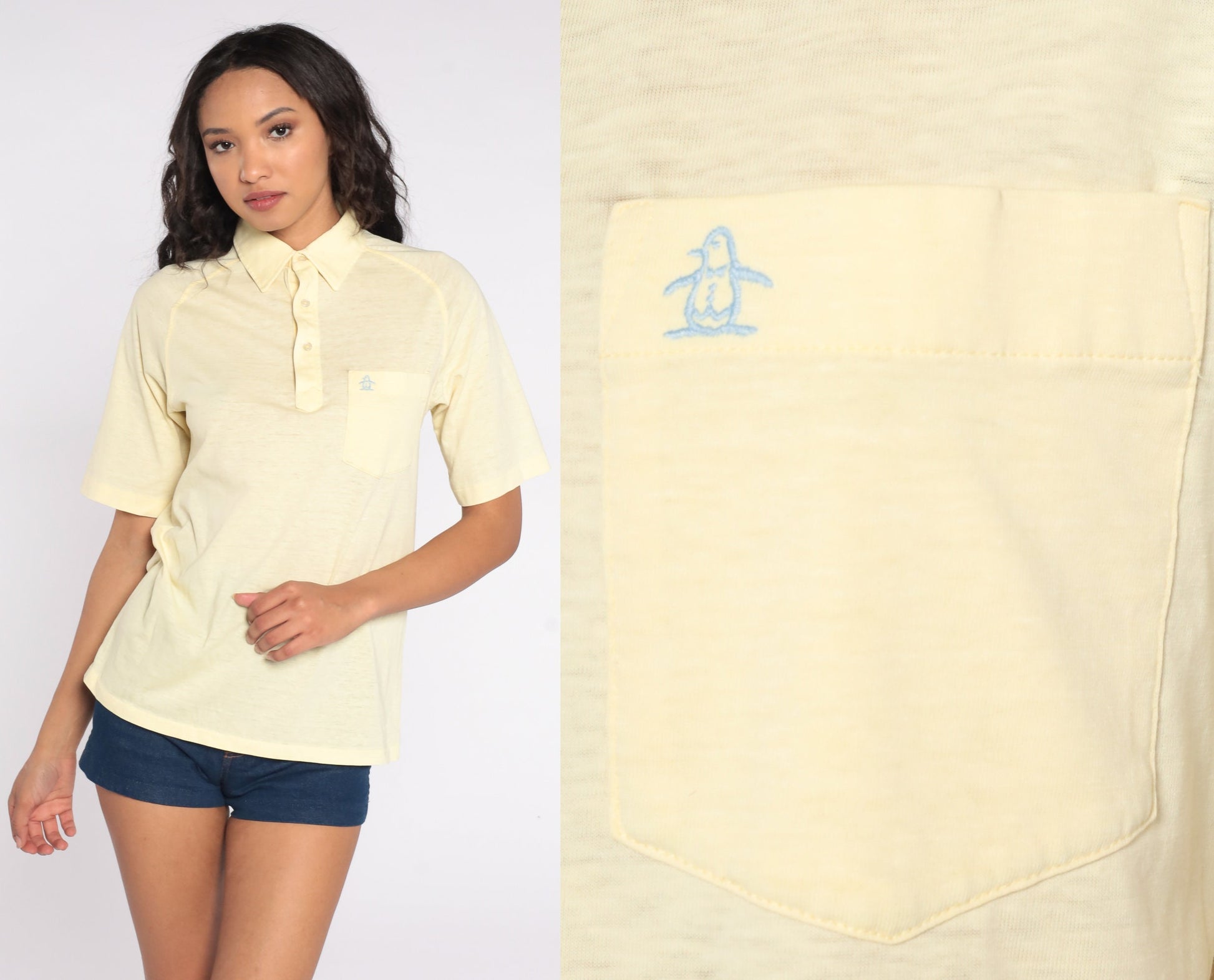 70s Munsingwear Penguin Polo Shirt Yellow Half-Button Short Sleeve Small
