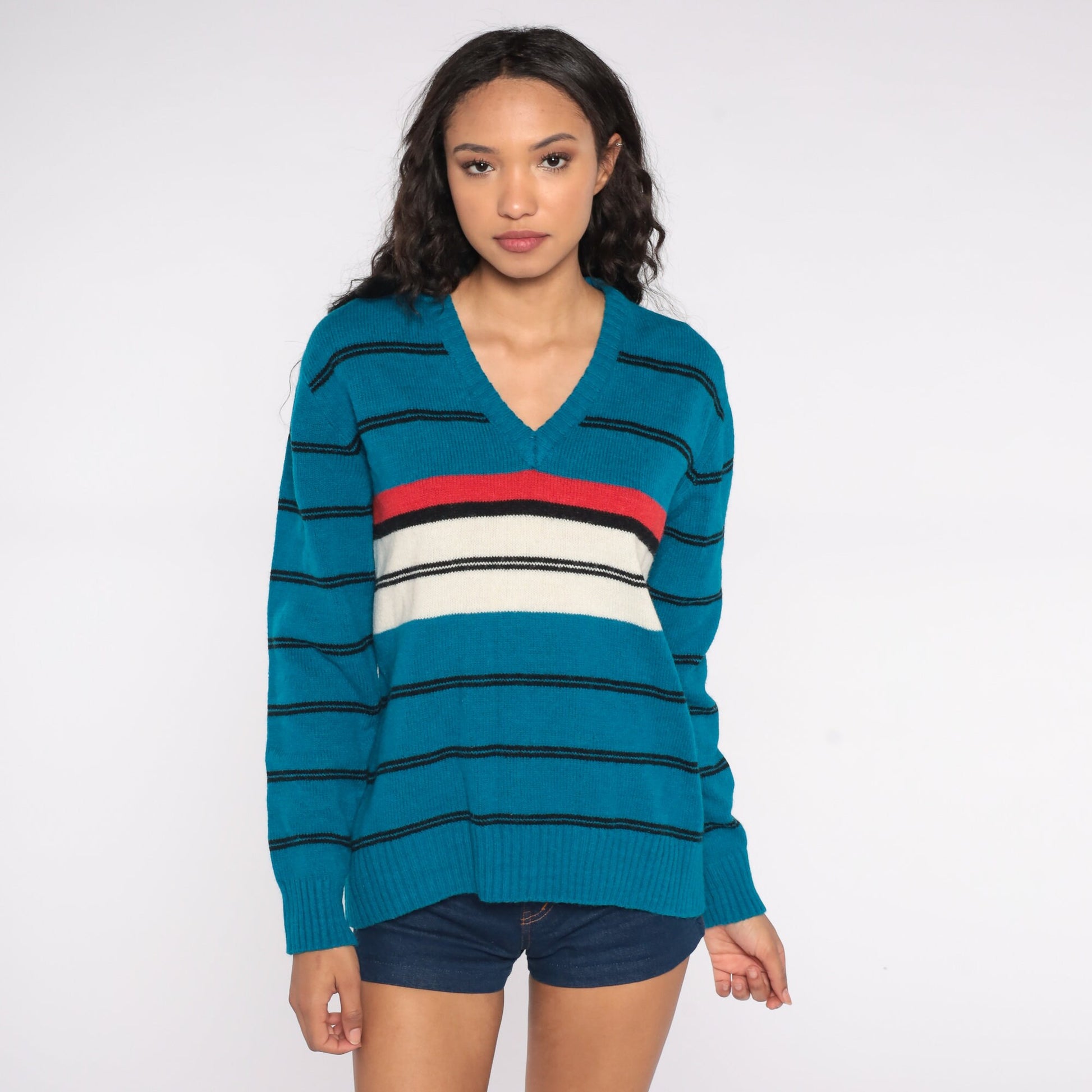 80s Le Tigre Striped V-Neck Sweater Turquoise Red White Black Medium M