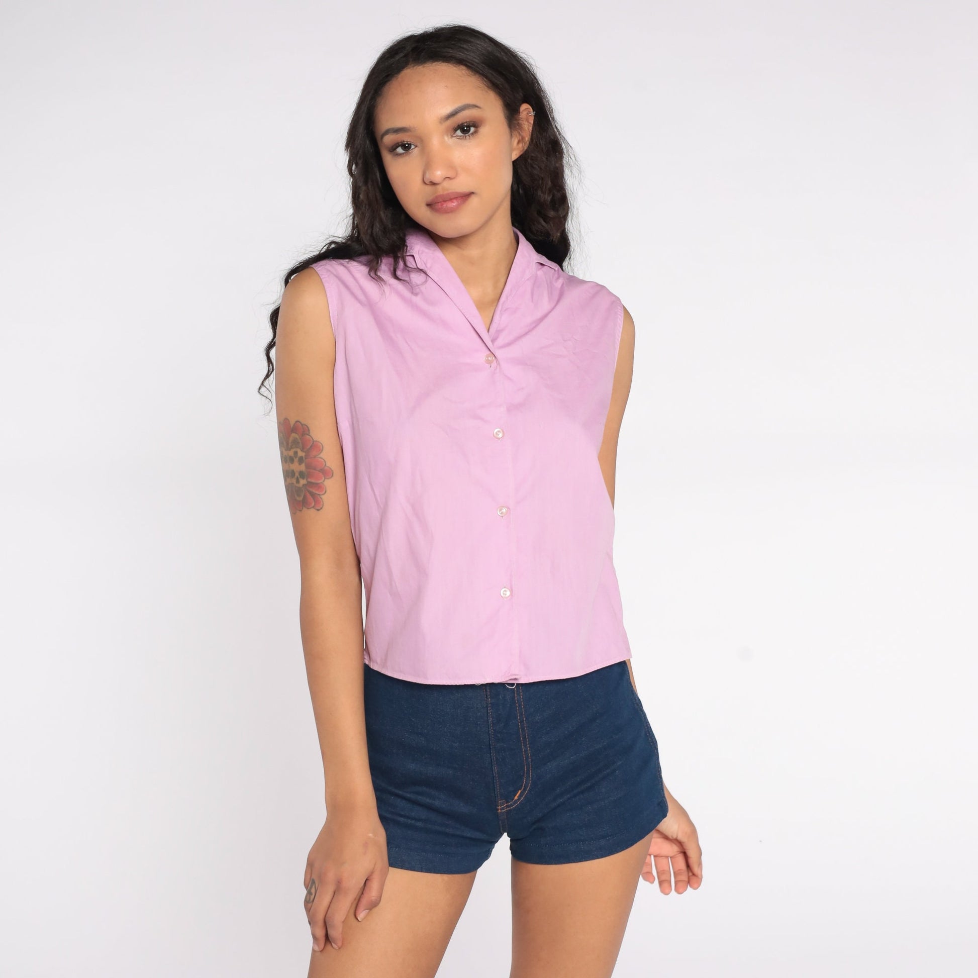 80s Lavender Cotton Button-Up Tank Top Sleeveless Blouse Small