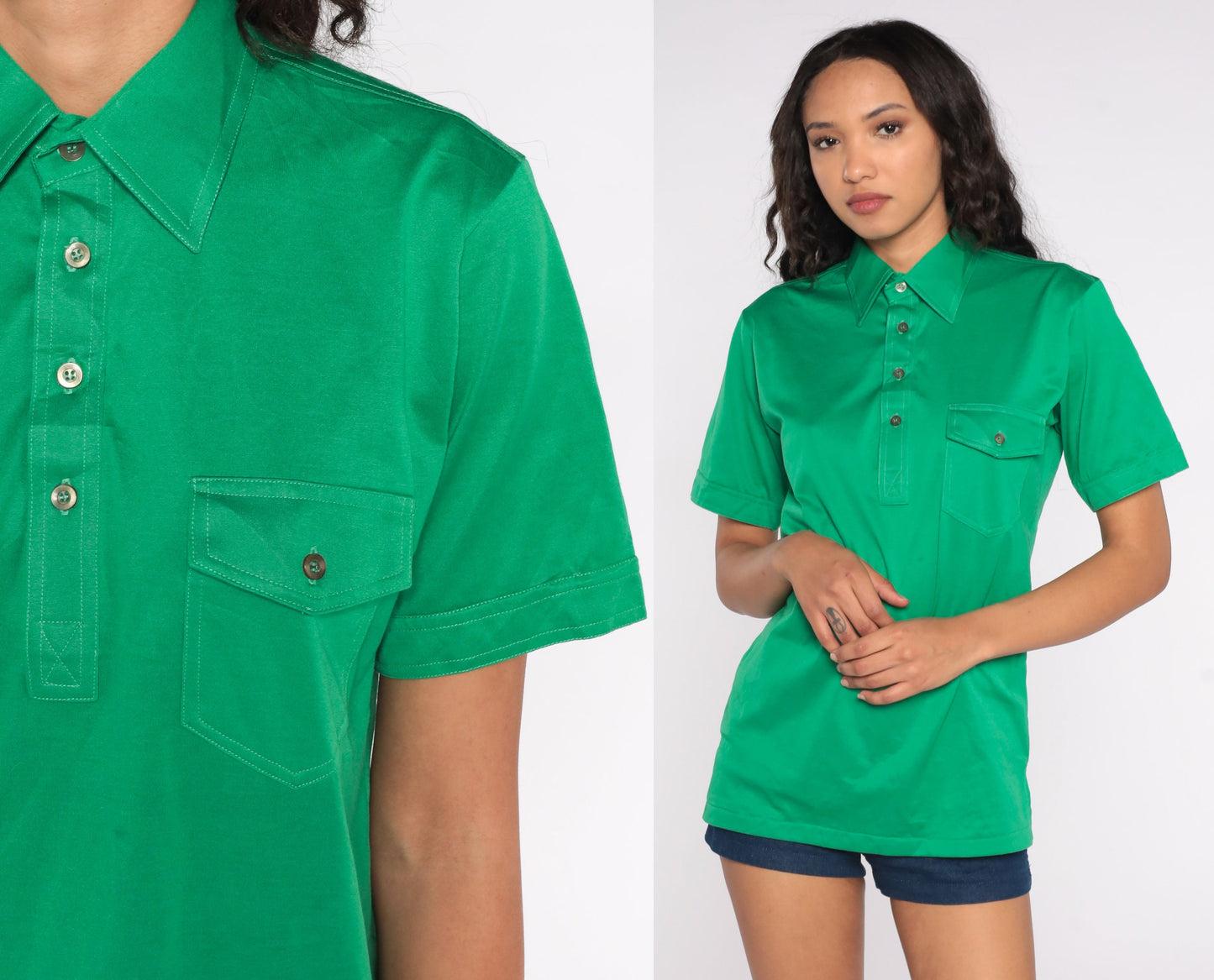 70s Green Polo Shirt Half Button Cotton Blend Short Sleeve Small