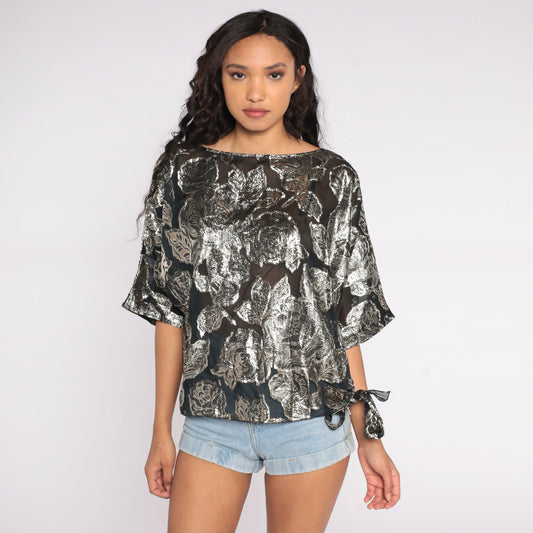 80s Metallic Silver Rose Floral Sheer Blouse Dolman Sleeve Small