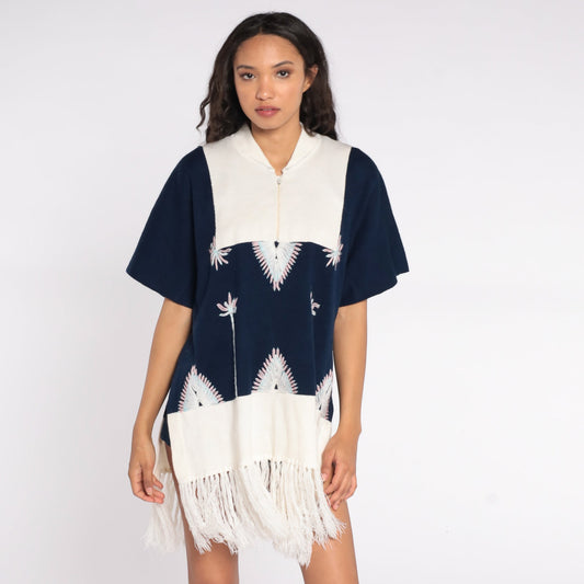 70s Navy Knit Poncho Sweater Floral Embroidery Fringe Shawl Medium Large