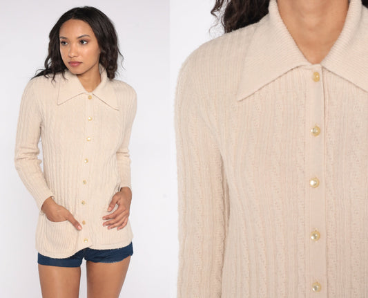 70s Cream Cable Knit Cardigan Dagger Collar Button Up Small