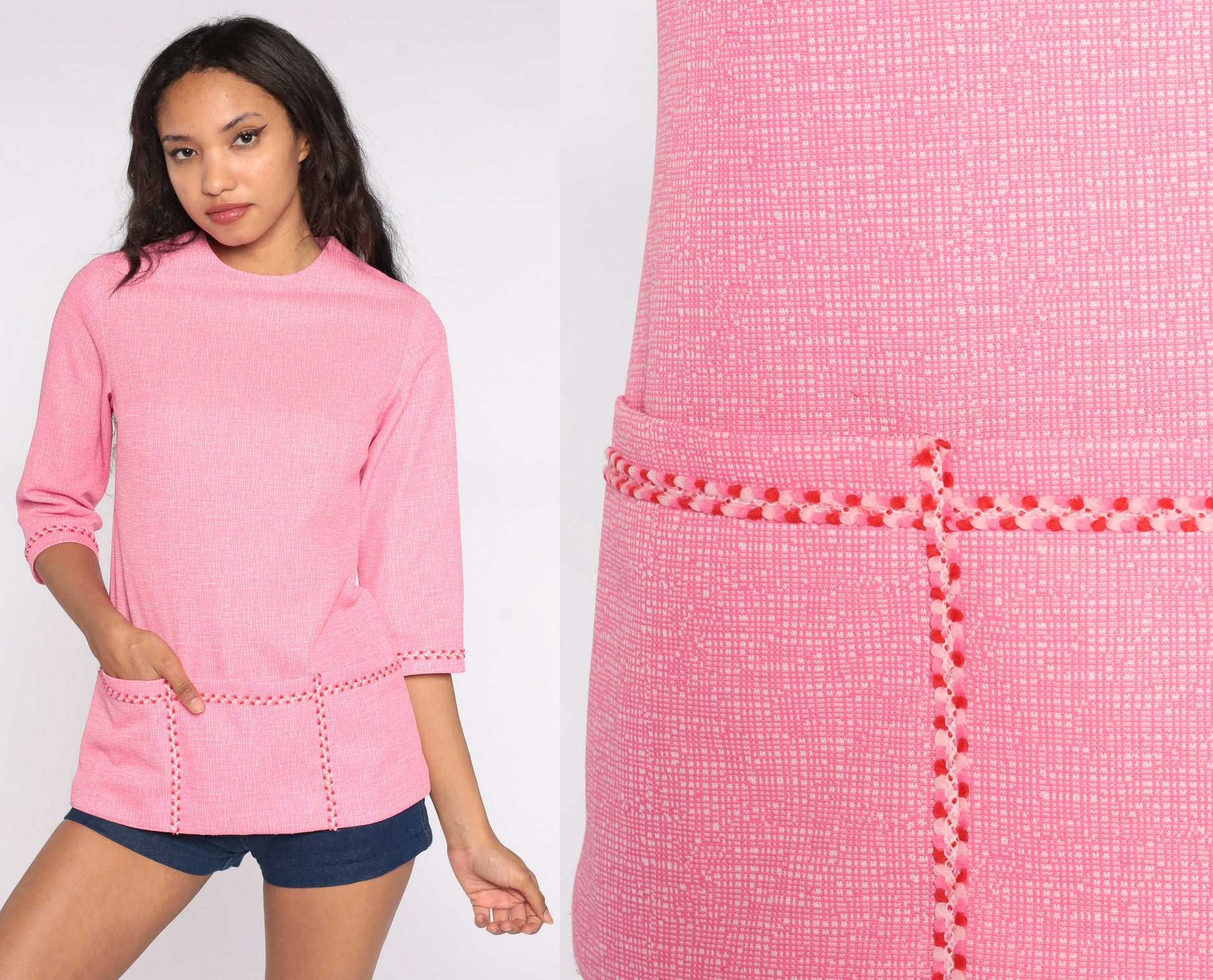 70s Pink Mod Blouse Pocket Shirt 3/4 Sleeve Polyester Knit Small S