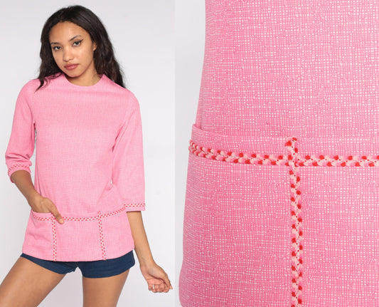 70s Pink Mod Blouse Pocket Shirt 3/4 Sleeve Polyester Knit Small S