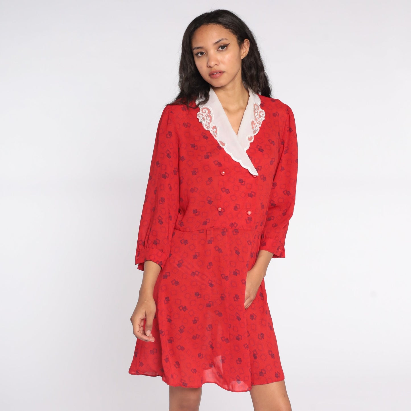 80s Geometric Print Wrap Dress Red Mini V-Neck High Waist Medium Large