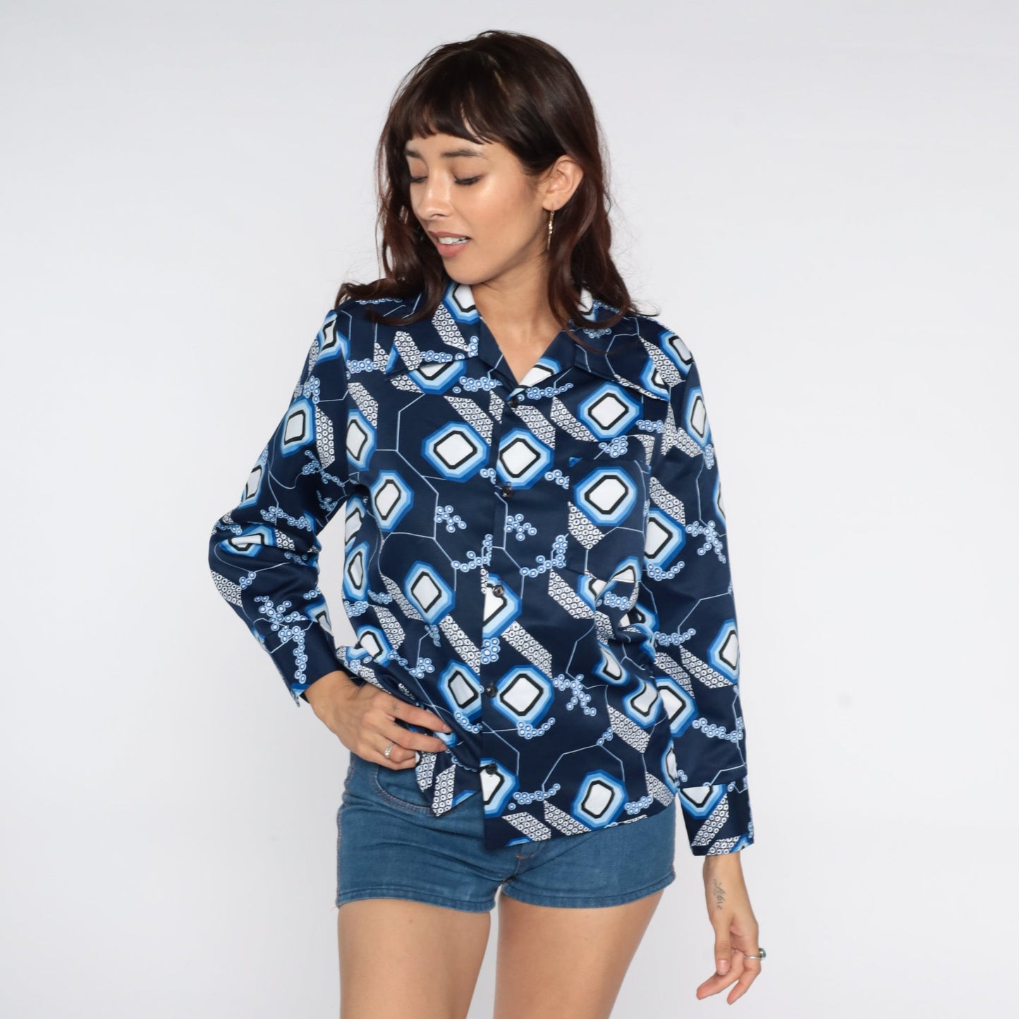 70s Geometric Blue Dagger Collar Button-Up Shirt Long Sleeve Large L