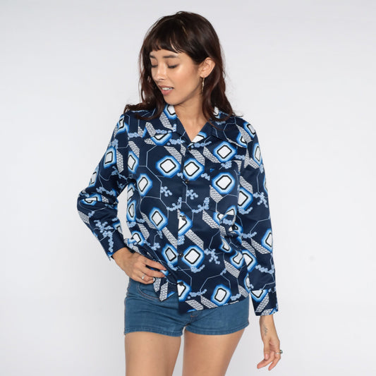 70s Geometric Blue Dagger Collar Button-Up Shirt Long Sleeve Large L