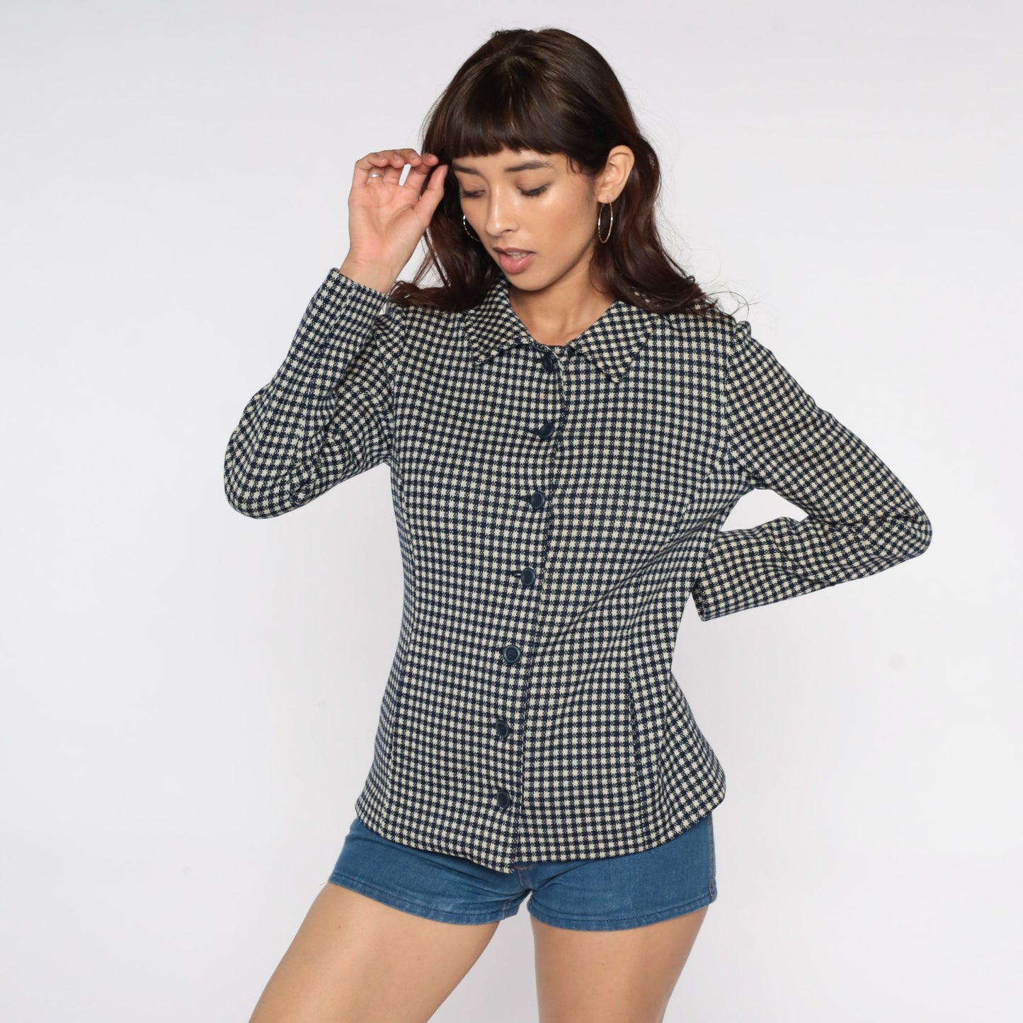 60s Navy Plaid Wool Blazer Jacket Mod Checkered Small