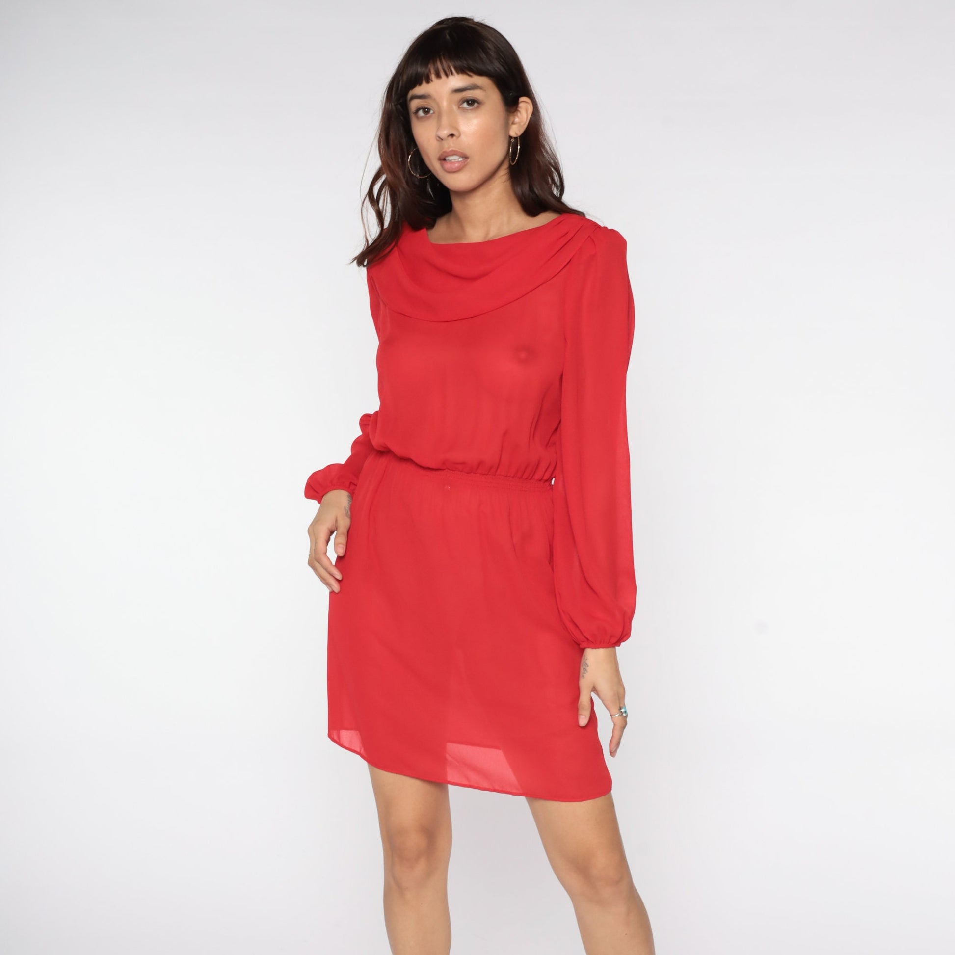 80s Red Cowl Neck Midi Dress Puff Sleeve High Waisted Sheer Small S