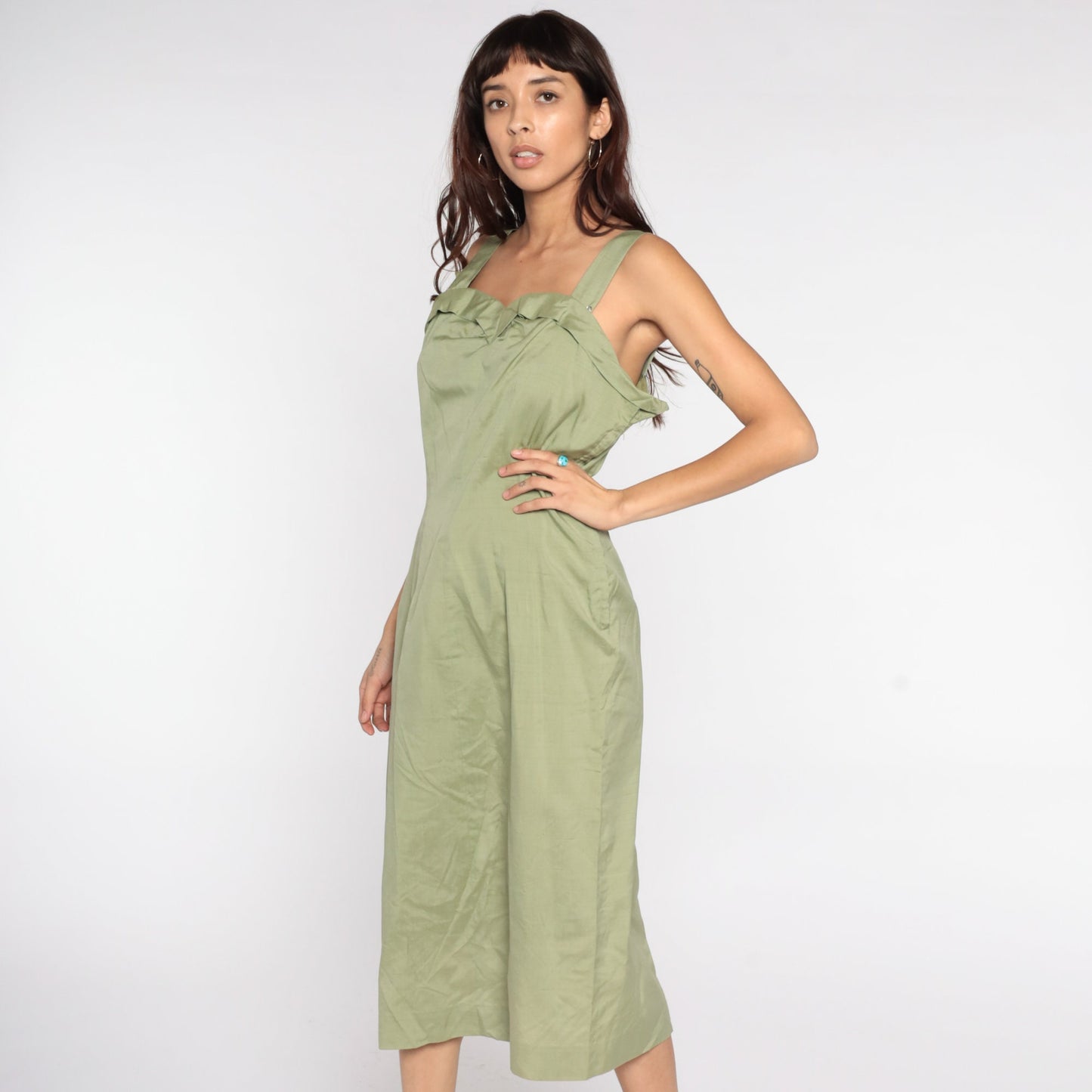 1950s Avocado Green Pencil Dress Sleeveless Tank Sheath Midi Large