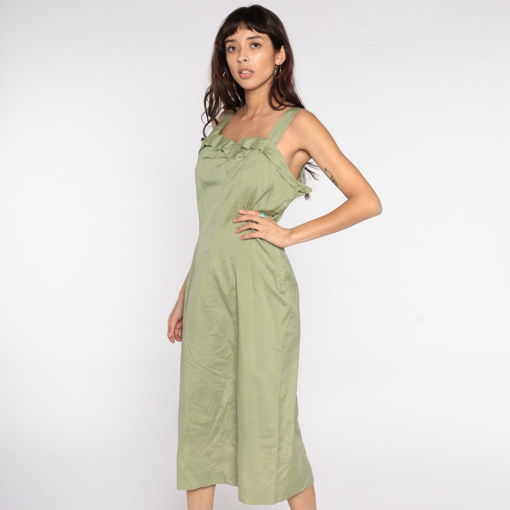 1950s Avocado Green Pencil Dress Sleeveless Tank Sheath Midi Large