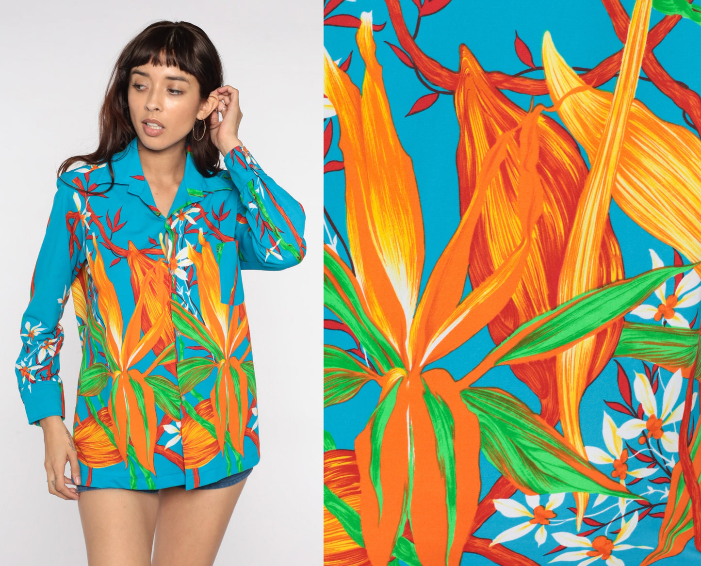 70s Blue Floral Button-Up Shirt Pointed Collar Long Sleeve Unisex Medium Large