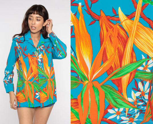 70s Blue Floral Button-Up Shirt Pointed Collar Long Sleeve Unisex Medium Large